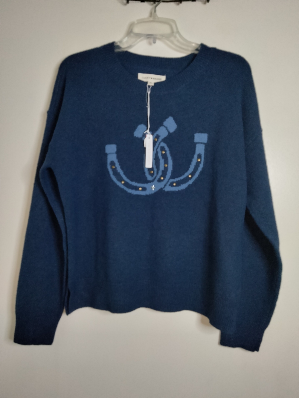 Lucky Brand (Size M) Navy Blue Light Blue Horseshoe Motif LS Sweater (NEW-NWT)
